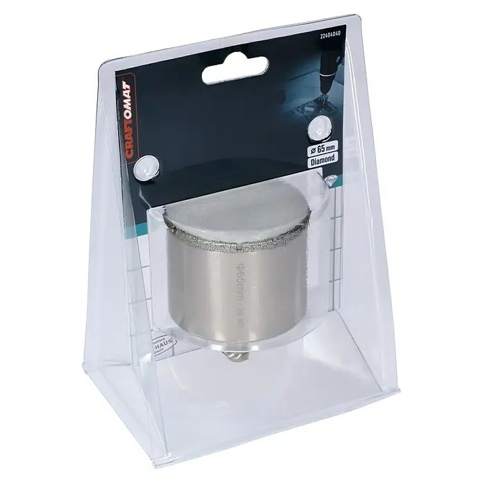 Craftomat Diamant-Lochsäge Keramik - 65 mm, Schnitttiefe: Max. 35 mm - Nahaufnahme einer Diamantbohrkrone von CRAFTOMAT (Ø 65 mm) in durchsichtiger Blisterverpackung. Perfekt für präzise Bohrungen in harten Materialien.