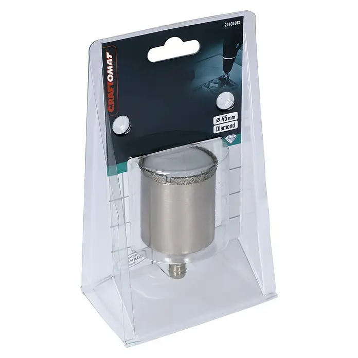 Craftomat Diamant-Lochsäge Keramik - 45 mm, Schnitttiefe: Max. 35 mm - Diamant-Lochsäge, 45 mm, von Craftomat in transparenter Verpackung. Ideal für präzise Bohrungen in Fliesen und Steinzeug.