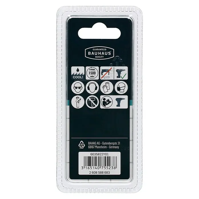 Craftomat Diamant-Nassbohrer Keramik - 8 mm, Durchmesser Schaft: 10 mm - Rückseite einer Bauhaus-Produktverpackung mit Sicherheitsvorkehrungen und Barcode, die Qualität und Sicherheit betont.