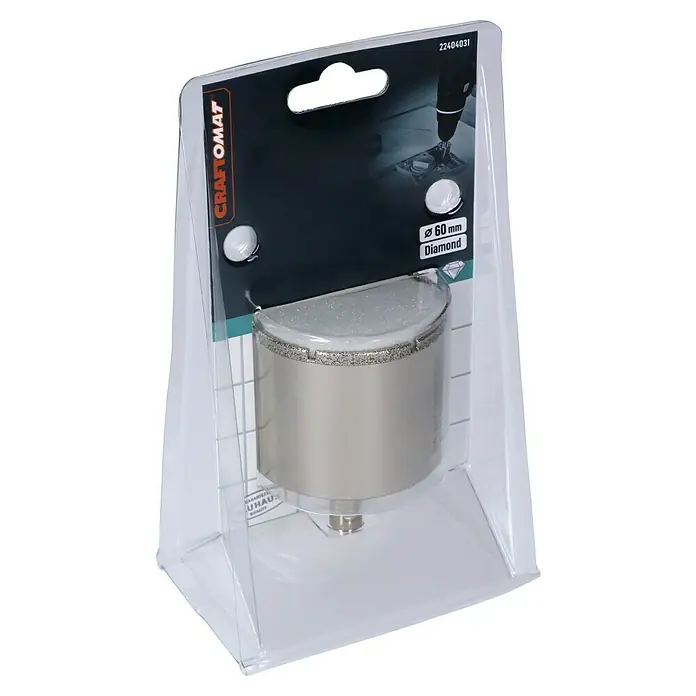 Craftomat Diamant-Lochsäge Keramik - 60 mm, Schnitttiefe: Max. 35 mm - Ein Craftomat-Diamantbohrer mit 60 mm Durchmesser in einer transparenten Kunststoffverpackung. Ideal für präzise Bohrungen in Fliesen und Keramik.