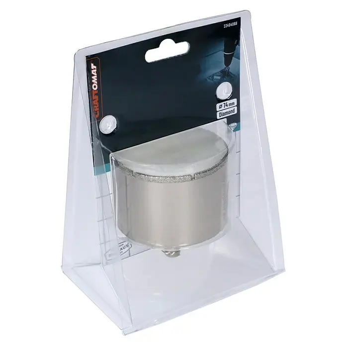 Craftomat Diamant-Lochsäge Keramik - 74 mm, Schnitttiefe: Max. 35 mm - Eine Diamant-Lochsäge (Ø 74 mm) von Craftomat in transparenter Verpackung, ideal für präzise Schnitte.