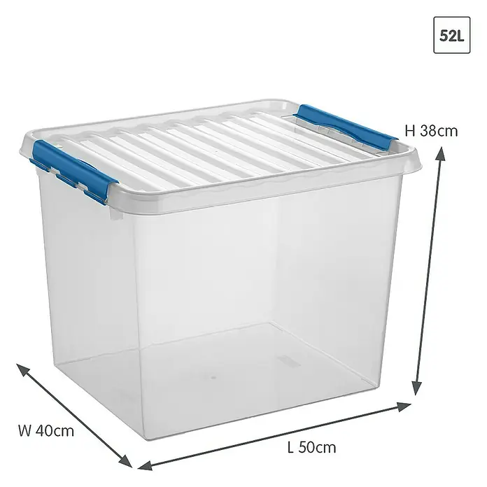 Sunware Aufbewahrungsbox Q-Line - L x B x H: 50 x 40 x 38 cm, Kunststoff, Transparent, Farbe Griff: Blau - Transparente 52L Aufbewahrungsbox mit blauem Verschluss, ideal für die Organisation von Gegenständen im Haus. Die Maße sind 50x40x38 cm.