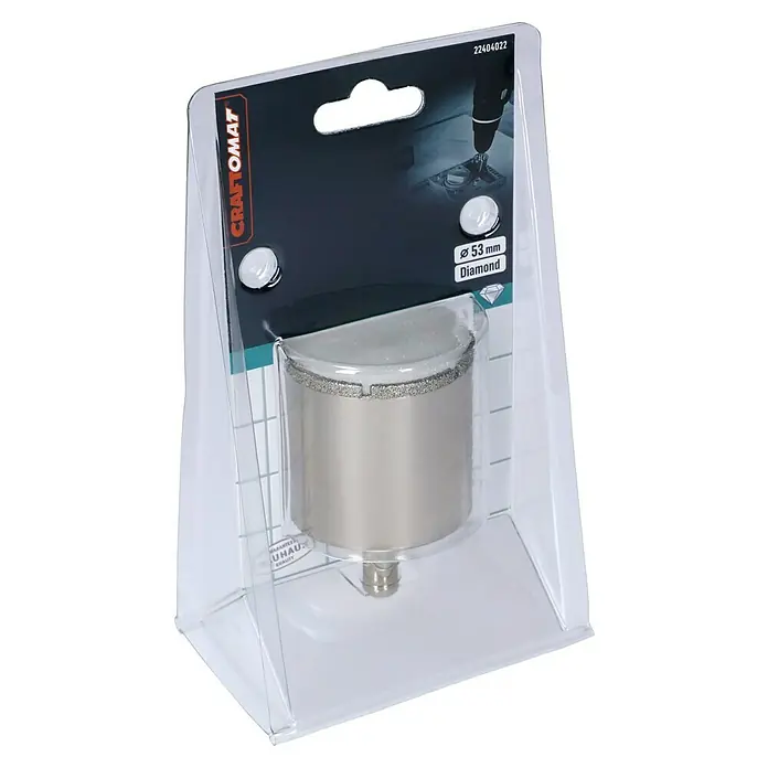 Craftomat Diamant-Lochsäge Keramik - 53 mm, Schnitttiefe: Max. 35 mm - Ein 53 mm Craftomat Diamantbohrer in einer transparenten Verpackung, ideal für präzise Bohrungen.