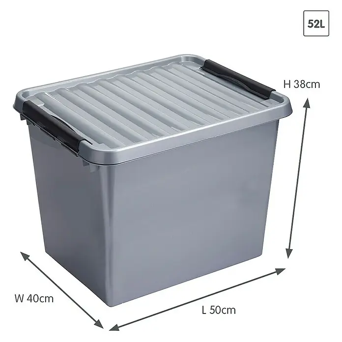 Sunware Aufbewahrungsbox Q-Line - L x B x H: 50 x 40 x 38 cm, Kunststoff, Metallfarbig - Bild eines grauen 52L Aufbewahrungsbehälters aus Kunststoff mit den Maßen 50x40x38 cm, ideal für die Lagerung im Haushalt.