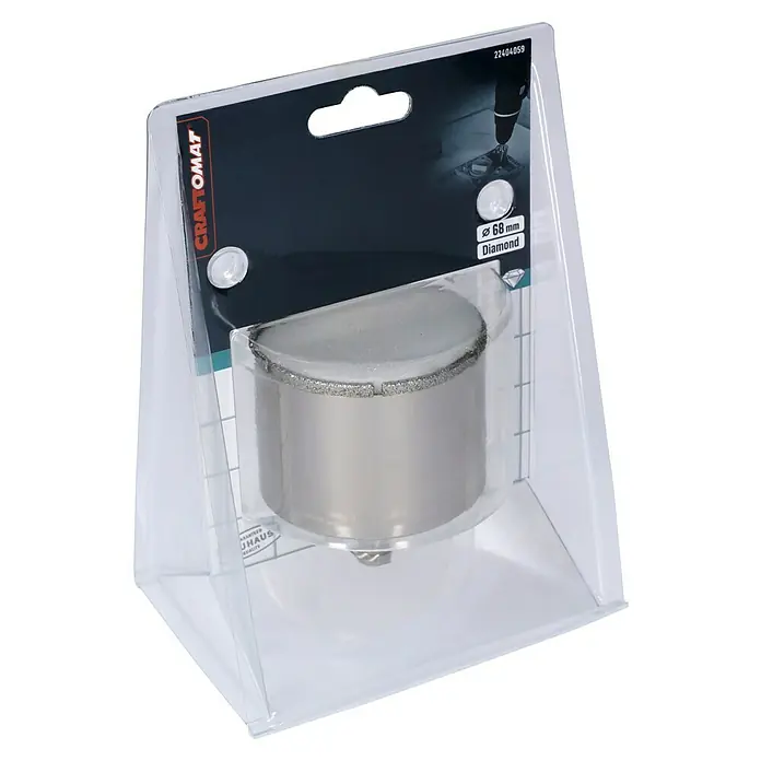 Craftomat Diamant-Lochsäge Keramik - 68 mm, Schnitttiefe: Max. 35 mm - Das Bild zeigt einen Craftomat-Diamantbohrer mit 68 mm Durchmesser in einer transparenten Kunststoffverpackung. Ideal für präzise Bohrungen.