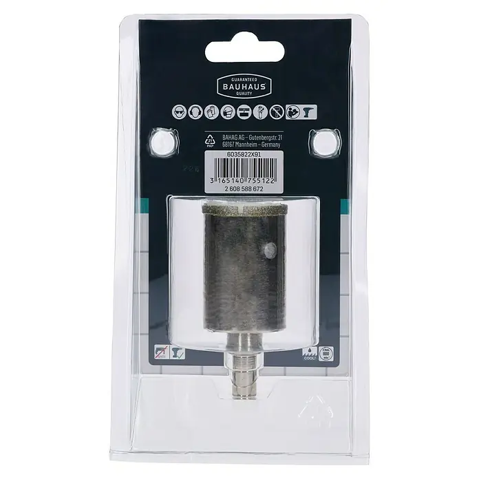 Craftomat Diamant-Lochsäge Keramik - 35 mm, Schnitttiefe: Max. 35 mm - Nahaufnahme einer verpackten BAUHAUS-Lochsäge mit Diamantbohrkrone, ideal für präzise Bohrungen in harten Materialien.