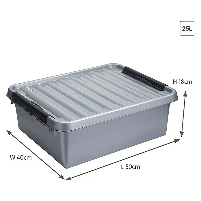 Sunware Aufbewahrungsbox Q-Line - L x B x H: 50 x 40 x 18 cm, Kunststoff, Metallfarbig - Abbildung eines grauen 25L Kunststoff-Aufbewahrungsbehälters mit den Maßen Länge 50cm, Breite 40cm und Höhe 18cm.