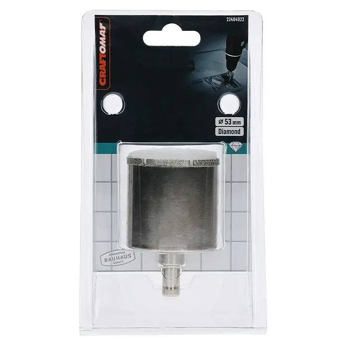 Craftomat Diamant-Lochsäge Keramik - 53 mm, Schnitttiefe: Max. 35 mm - Das Bild zeigt eine 53 mm Craftomat Diamant-Lochsäge in einer transparenten Verpackung, ideal zum Bohren von Löchern in harte Materialien.