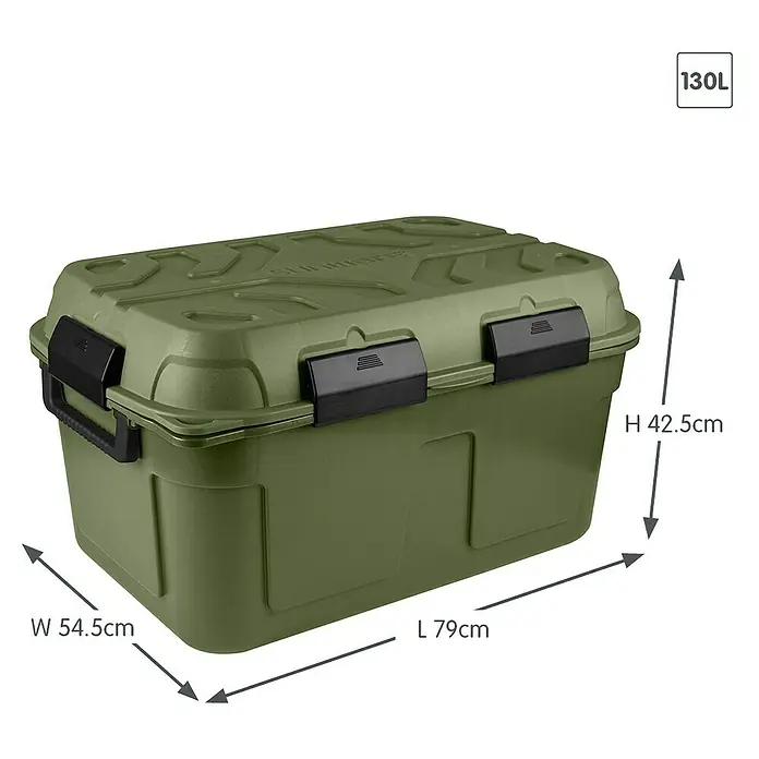 Sunware Aufbewahrungsbox Q-Line - L x B x H: 79 x 54,5 x 42,5 cm, Kunststoff, Grün - Bild eines olivgrünen Sunware-Aufbewahrungsbehälters mit den Maßen 79 x 54,5 x 42,5 cm und einem Fassungsvermögen von 130 Litern.