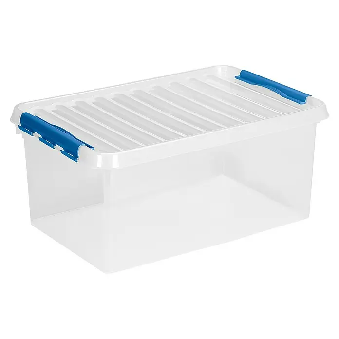 Sunware Aufbewahrungsbox Q-Line - L x B x H: 60 x 40 x 26 cm, Kunststoff, Transparent, Farbe Griff: Blau - Eine durchsichtige Aufbewahrungsbox aus Kunststoff mit blauem Verschlussclip. Ideal für die Lagerung von Gegenständen im Haushalt oder Büro.