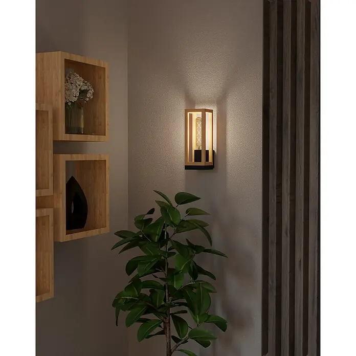 Eglo Nafferton Aplique de pared - 40 W, L x An x Al: 10 x 10 x 28 cm, Negro y Madera, E27 - Elegante lámpara de pared con marco de madera y bombilla Edison, que emite una luz cálida en un interior elegante.