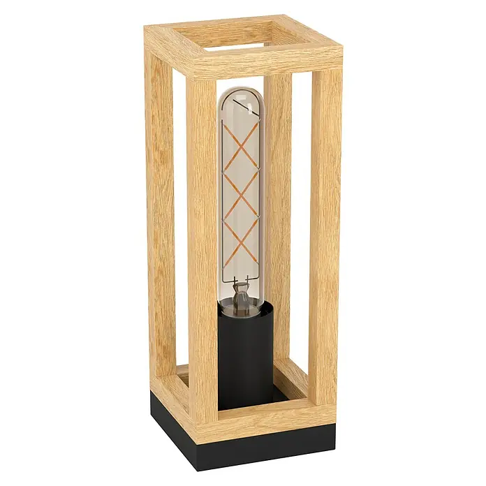Eglo Nafferton Lámpara de sobremesa - 40 W, L x An x Al: 10 x 10 x 28 cm, Negro y Madera - Una lámpara de mesa moderna con marco de madera y bombilla alargada. La base de la lámpara es negra, ofreciendo un bonito contraste con la madera.