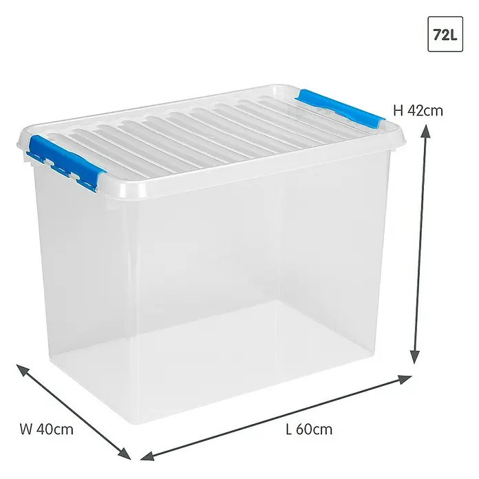 Sunware Aufbewahrungsbox Q-Line - L x B x H: 60 x 40 x 42 cm, Kunststoff, Transparent, Farbe Griff: Blau - 72L Aufbewahrungsbox aus durchsichtigem Kunststoff mit blauem Verschlussclip und den Maßen H42cm x B40cm x L60cm.
