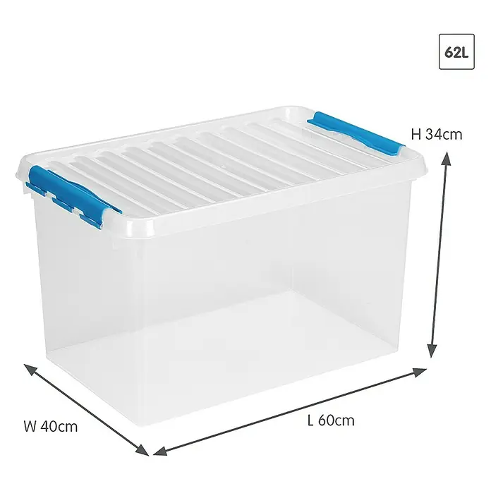 Sunware Aufbewahrungsbox Q-Line - L x B x H: 60 x 40 x 34 cm, Kunststoff, Transparent, Farbe Griff: Blau - Abbildung einer transparenten 62L Aufbewahrungsbox aus Kunststoff mit blauem Verschluss und Größenangaben.