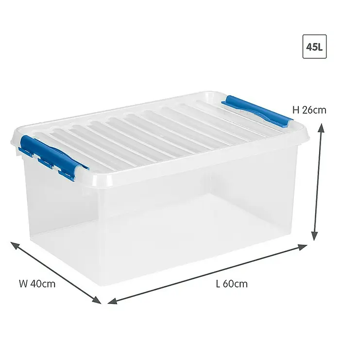 Sunware Aufbewahrungsbox Q-Line - L x B x H: 60 x 40 x 26 cm, Kunststoff, Transparent, Farbe Griff: Blau - Produktbild einer 45L Aufbewahrungsbox aus Kunststoff mit blauem Verschluss, Maße: L60cm, B40cm, H26cm.