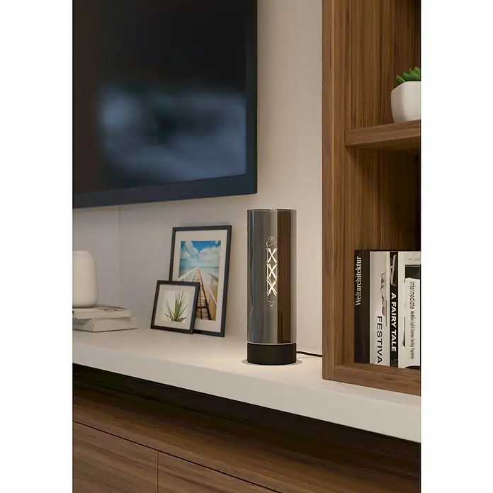 Eglo Lámpara de sobremesa Damasco - 60 W, Ø x Al: 10 x 31 cm, Negro, E27 - Una lámpara de mesa moderna gris con un diseño de filamento llamativo, situada en una estantería blanca al lado de libros y un televisor.