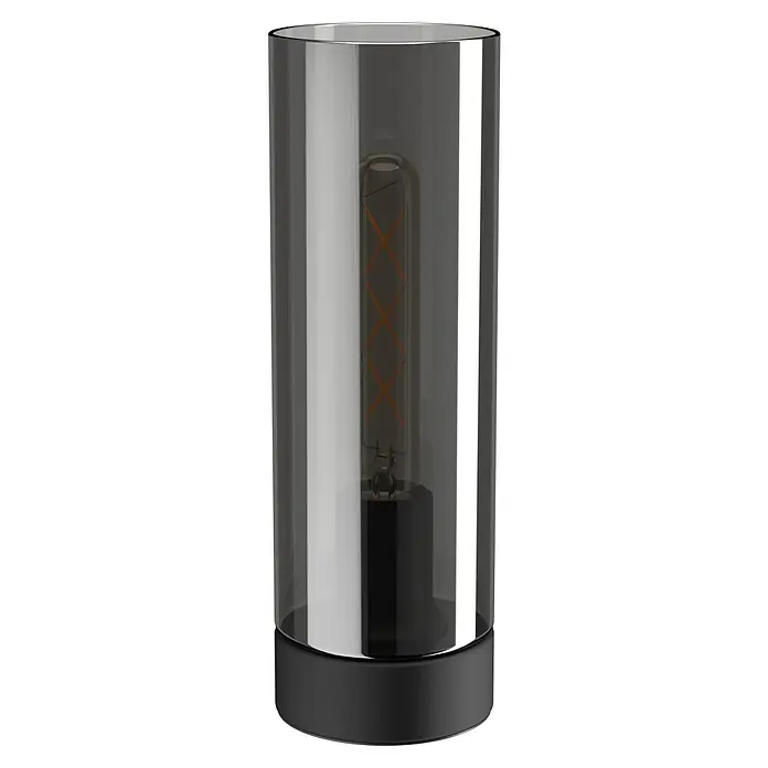 Eglo Lámpara de sobremesa Damasco - 60 W, Ø x Al: 10 x 31 cm, Negro, E27 - Primer plano de una elegante lámpara de mesa cilíndrica con un recinto de vidrio transparente y una bombilla decorativa de estilo vintage que emite una cálida luz ambiental.