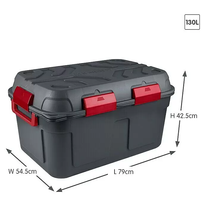 Sunware Aufbewahrungsbox Q-Line - L x B x H: 79 x 54,5 x 42,5 cm, Kunststoff, Anthrazit - Dunkelgraue Kunststoff-Vorratsbox mit roten Verschlüssen und Griffen, ideal für sichere Aufbewahrung. Maße: 79x54.5x42.5cm, 130L Volumen.