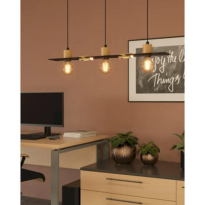 Eglo Bramerton Lámpara colgante - 120 W, L x An x Al: 12 x 81 x 110 cm, Negro y Madera, E27 - Elegante lámpara colgante con tres bombillas Edison y detalles de madera que aporta una luz cálida a la habitación.