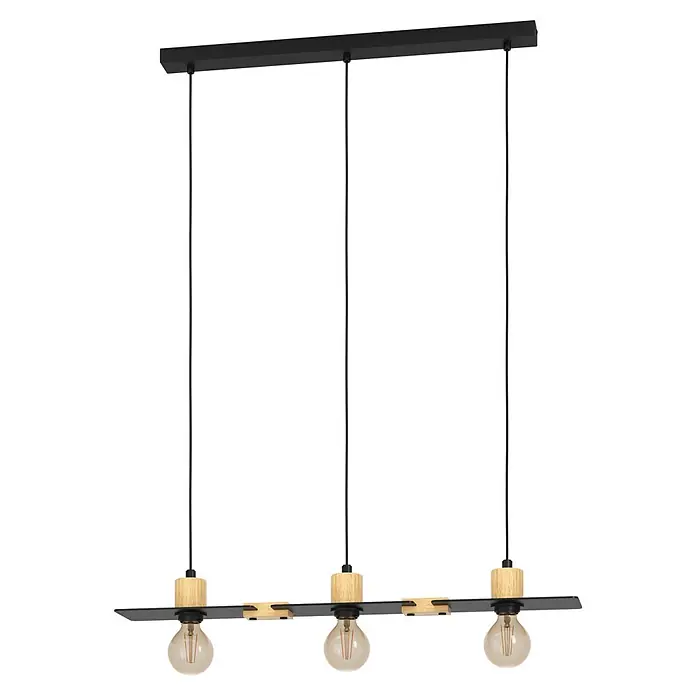 Eglo Bramerton Lámpara colgante - 120 W, L x An x Al: 12 x 81 x 110 cm, Negro y Madera, E27 - Lámpara colgante con tres bombillas, detalles de madera y marco negro, ideal para añadir calidez a cualquier habitación.