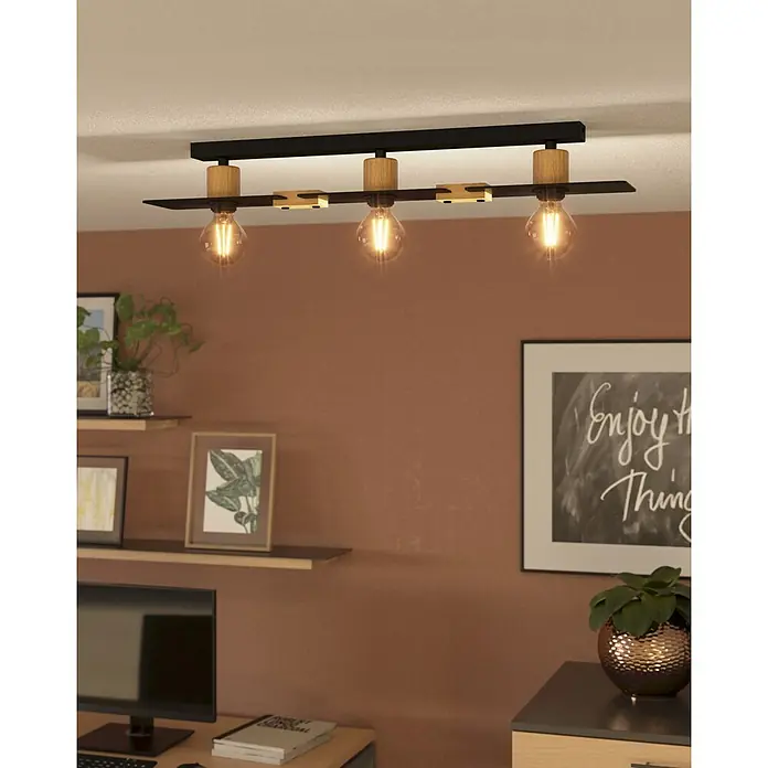 Eglo Bramerton Plafón - 120 W, L x An x Al: 12 x 81 x 10 cm, Negro y Madera, E27 - Lámpara de techo moderna con tres luces, madera y metal para una iluminación elegante.