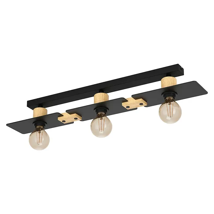 Eglo Bramerton Plafón - 120 W, L x An x Al: 12 x 81 x 10 cm, Negro y Madera, E27 - Esta lámpara de techo negra con aspecto de madera y tres bombillas es un verdadero atractivo. ¡Perfecta para salones y comedores!