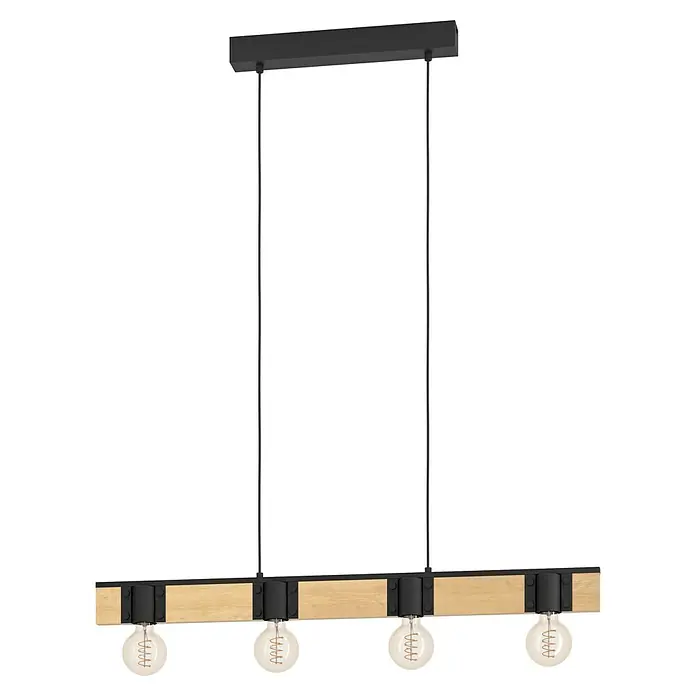Eglo Bailrigg Lámpara colgante - 160 W, L x An x Al: 4,5 x 89,5 x 110 cm, Negro y Madera - Una lámpara colgante moderna con cuatro bombillas Edison sobre una base de madera, sostenida por soportes de metal negro. La lámpara está suspendida por cables negros.