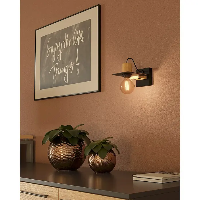 Eglo Bramerton Aplique de pared - 40 W, L x An x Al: 12 x 12 x 11 cm, Negro y Madera, E27 - Lámpara de pared con bombilla Edison. La luz proporciona un ambiente cálido y agradable para tu hogar.