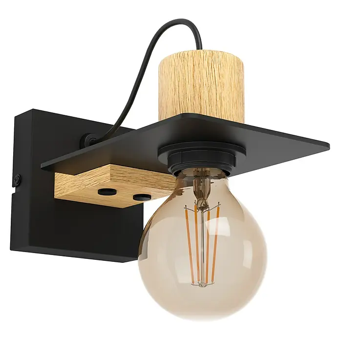 Eglo Bramerton Aplique de pared - 40 W, L x An x Al: 12 x 12 x 11 cm, Negro y Madera, E27 - Una lámpara de pared moderna con una bombilla, fijada a una placa negra con elementos de madera.