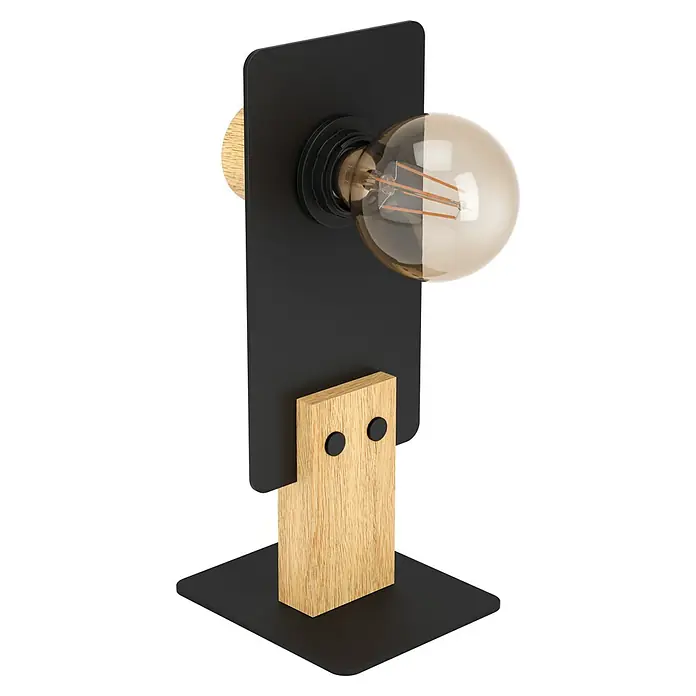 Eglo Bramerton Lámpara de sobremesa - 40 W, L x An x Al: 14 x 12 x 31 cm, Negro y Madera, E27 - Esta lámpara de mesa moderna con elementos de madera y metal crea un ambiente agradable. Un punto decorativo destacado para cualquier habitación.