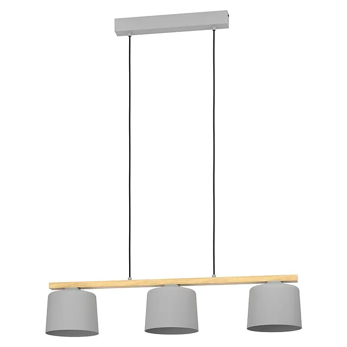 Eglo Lámpara colgante Mariel - 120 W, L x An x Al: 19 x 91 x 110 cm, Gris, Madera, E27 - Lámpara colgante moderna con tres pantallas grises y una viga de madera clara, ideal para comedores o islas de cocina.