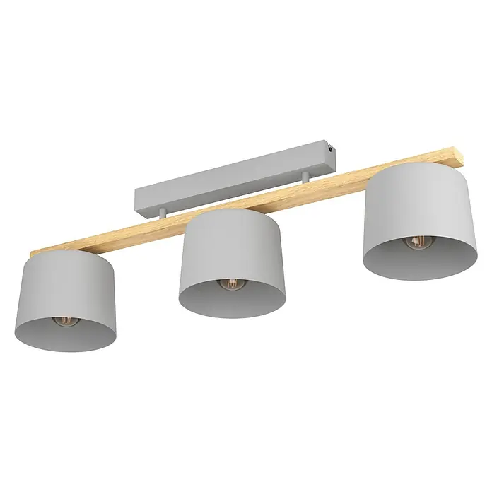 Eglo Plafón Mariel - 120 W, L x An x Al: 19 x 91 x 25,5 cm, Madera, Gris, E27 - Lámpara colgante con tres pantallas grises y viga de madera para una iluminación elegante.