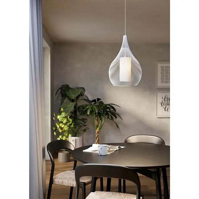Eglo Lámpara colgante Razoni 1 - 40 W, Blanco, Blanco, E27 - Elegante lámpara colgante en forma de lágrima sobre una mesa de comedor, creando un ambiente cálido.