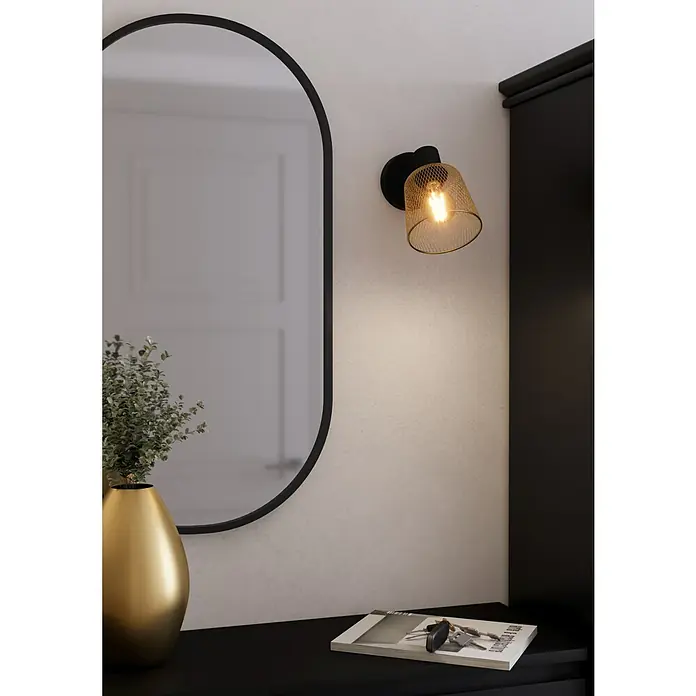 Eglo Coslada Aplique de pared - 40 W, L x An x Al: 13 x 13 x 20 cm, Negro, Dorado, E27 - Elegante aplique de pared con pantalla de malla dorada junto a un espejo ovalado, que acentúa el ambiente moderno de la estancia.