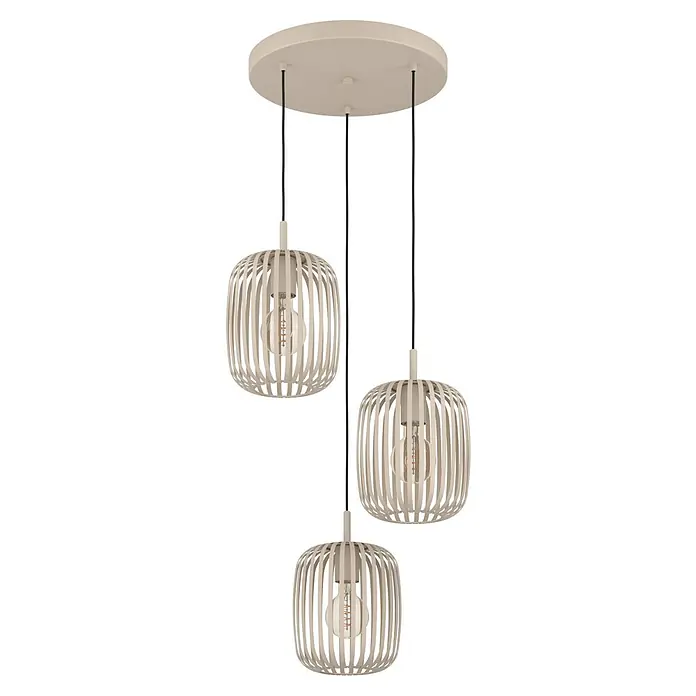 Eglo Romazzina Pendelleuchte - 120 W, Ø x H: 46 x 110 cm, Sand, E27 - Elegante Pendelleuchte mit drei Lampenschirmen aus hellem Holz, die ein warmes Licht verbreiten. Perfekt für Esszimmer oder Wohnbereich.
