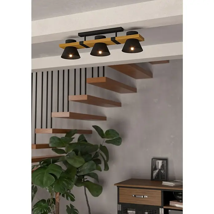 Eglo Maccles Plafón - 45 W, L x An x Al: 18 x 78 x 20,5 cm, Negro y Madera, E27 - Lámpara de techo moderna con tres luces en negro y aspecto de madera, añadiendo un toque de estilo a la estancia.