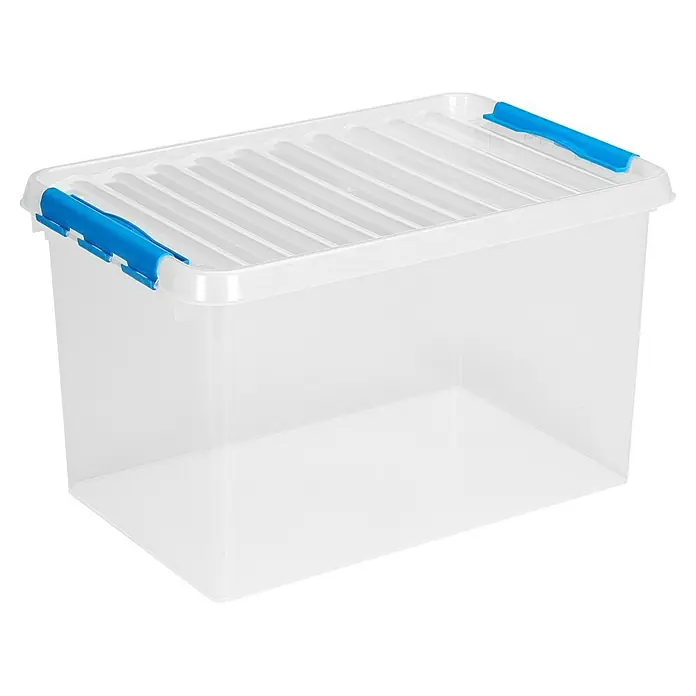 Sunware Aufbewahrungsbox Q-Line - L x B x H: 60 x 40 x 34 cm, Kunststoff, Transparent, Farbe Griff: Blau - Durchsichtige Aufbewahrungsbox mit blauem Verschlussdeckel, ideal für die Organisation von Gegenständen im Haushalt oder Büro.