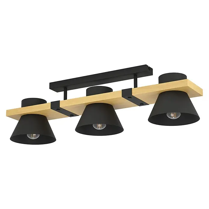 Eglo Maccles Plafón - 45 W, L x An x Al: 18 x 78 x 20,5 cm, Negro y Madera, E27 - Elegante lámpara de techo con tres pantallas negras y detalles de madera para iluminación moderna.