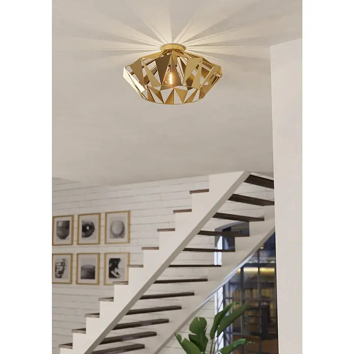 Eglo Plafón Carlton - 60 W, Ø x Al: 47 x 23,5 cm, Dorado, E27 - Lámpara de techo dorada con diseño geométrico que irradia una luz cálida en un interior elegante.