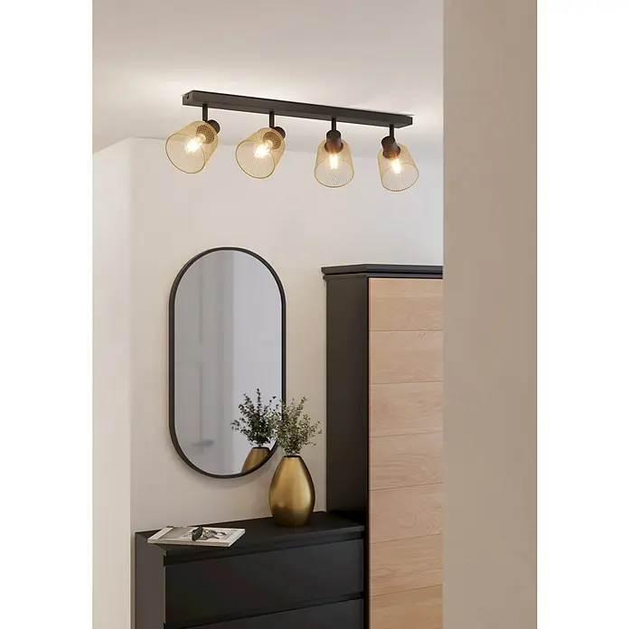 Eglo Coslada Regleta - 160 W, L x An x Al: 8 x 79 x 17 cm, Negro, Dorado, E27 - Lámpara de techo moderna con cuatro focos dorados que proyectan una luz cálida en la habitación. Perfecta para pasillo o salón.