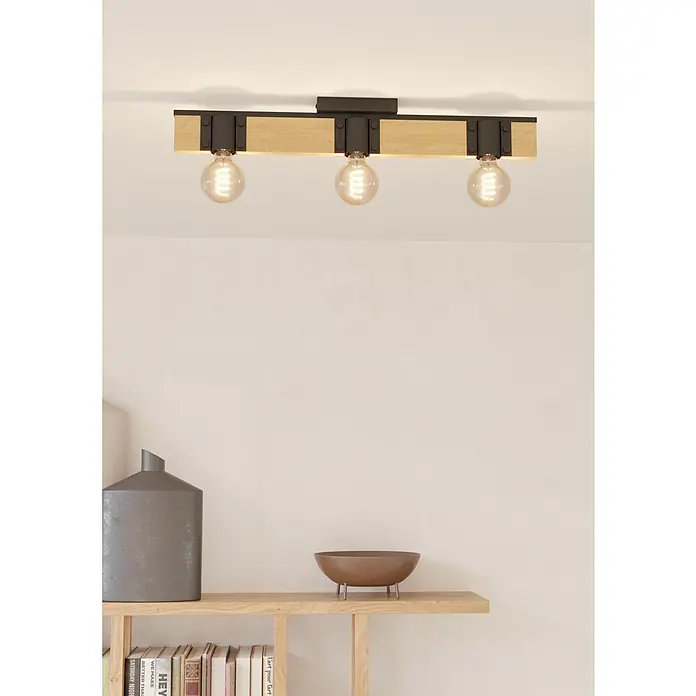 Eglo Bailrigg Plafón - 120 W, L x An x Al: 10 x 65,5 x 4,5 cm, Negro y Madera - Lámpara de techo con tres bombillas Edison y detalle de madera, un diseño moderno y elegante para tu hogar.
