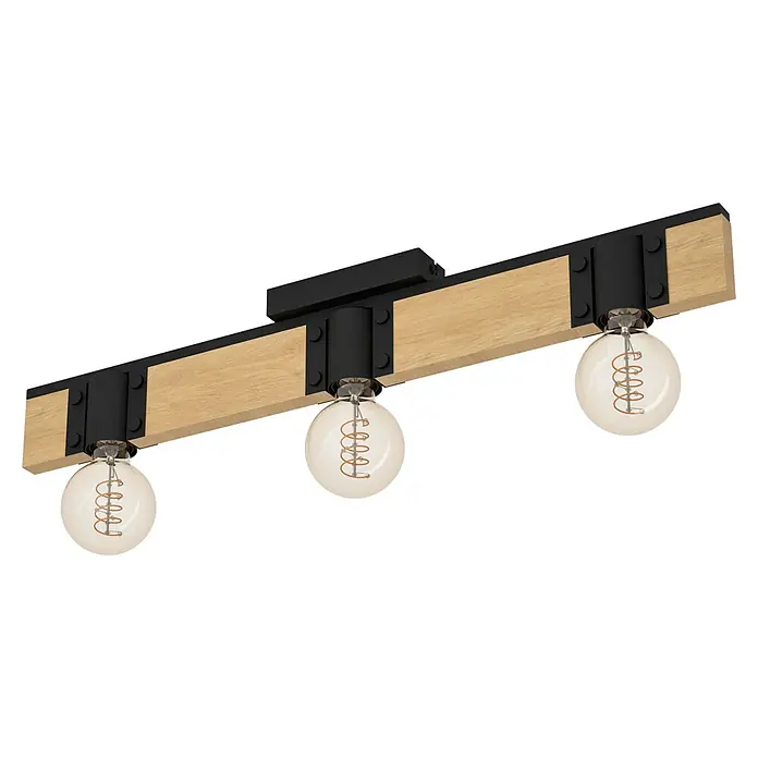 Eglo Bailrigg Plafón - 120 W, L x An x Al: 10 x 65,5 x 4,5 cm, Negro y Madera - Lámpara de techo con detalles de madera y tres bombillas Edison. La lámpara combina materiales naturales con un diseño moderno e industrial.