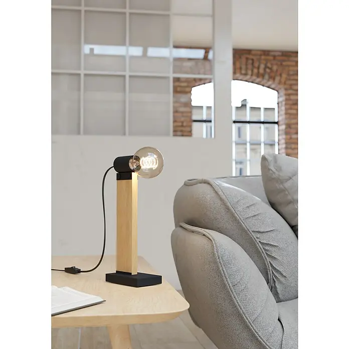 Eglo Bailrigg Lámpara de sobremesa - 40 W, L x An x Al: 6,5 x 4,5 x 33 cm, Negro y Madera, E27 - Un diseño minimalista con una lámpara de mesa de madera y metal negro con una bombilla Edison, que emite una luz cálida.