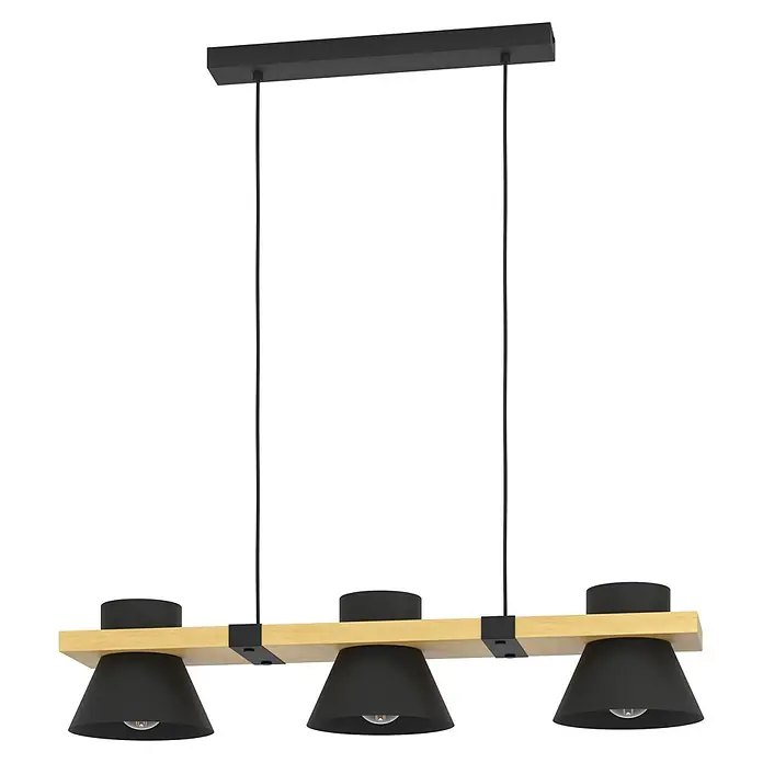 Eglo Maccles Lámpara colgante - 45 W, L x An x Al: 18 x 78 x 110 cm, Negro y Madera, E27 - Elegante lámpara colgante con tres pantallas negras y detalles de madera. Iluminación con estilo para tu hogar.