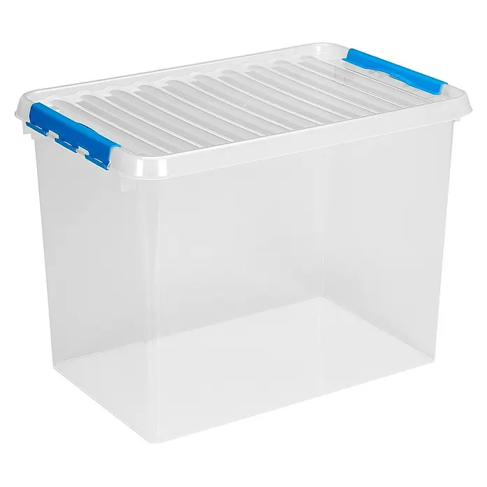 Sunware Aufbewahrungsbox Q-Line - L x B x H: 60 x 40 x 42 cm, Kunststoff, Transparent, Farbe Griff: Blau - Transparente Aufbewahrungsbox aus Kunststoff mit blauem Deckelverschluss für vielseitige Aufbewahrungslösungen im Haushalt.