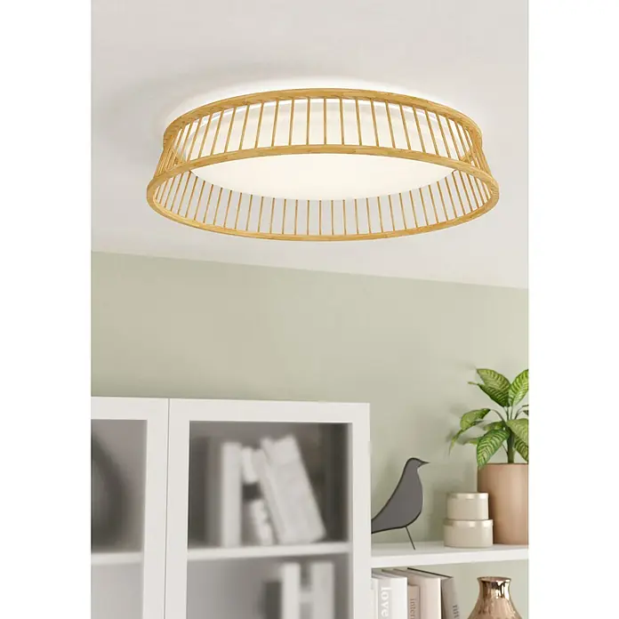 Eglo Plafón LED redondo Luppineria - 20 W, Ø x Al: 45 x 9,5 cm, Madera, Blanco cálido - Lámpara de techo moderna con marco de madera, que emite una luz cálida y acogedora en un interior elegante.