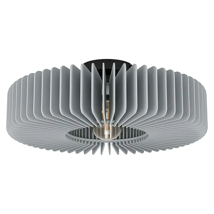 Eglo Plafón redondo Palombaia - 40 W, Ø x Al: 50 x 17,5 cm, Gris - Primer plano de una moderna lámpara de techo con una pantalla gris y una bombilla en el interior. La luz tiene un diseño circular.