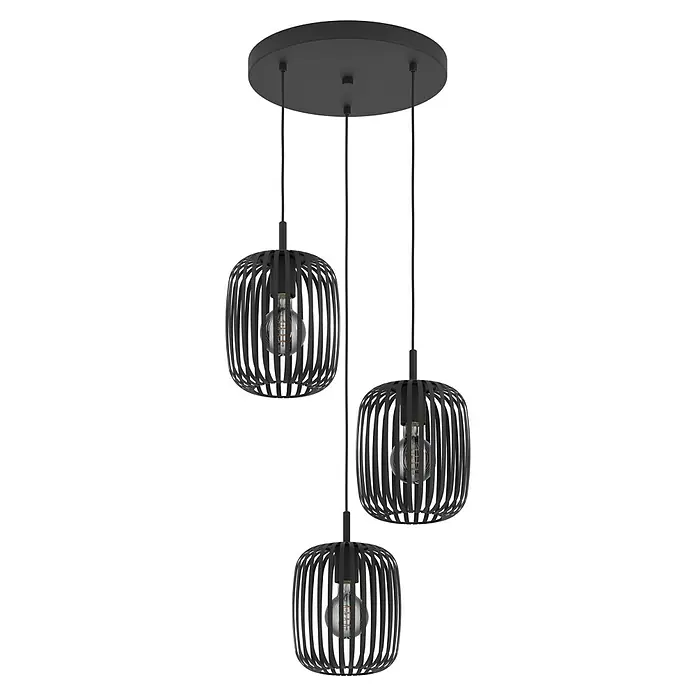 Eglo Romazzina Lámpara colgante - 120 W, Ø x Al: 46 x 110 cm, Negro, E27 - Lámpara colgante negra moderna con tres pantallas de listones de madera y bombillas retro para una iluminación elegante.