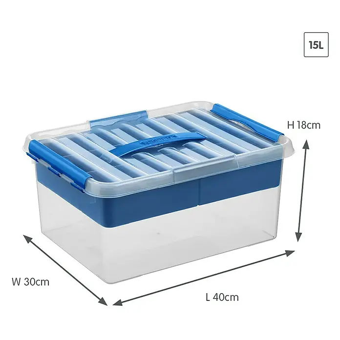 Sunware Aufbewahrungsbox Q-Line - L x B x H: 40 x 30 x 18 cm, Kunststoff, Transparent/Blau - Übersichtliche 15L Aufbewahrungsbox mit blauem Deckel und transparentem Behälter, ideal für die Lagerung verschiedener Gegenstände.