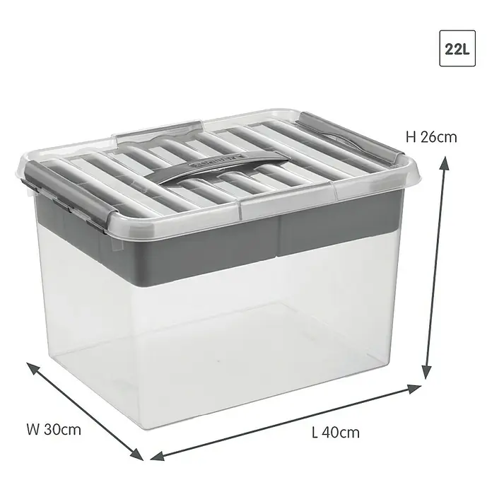 Sunware Aufbewahrungsbox Q-Line mit Einsatz - L x B x H: 40 x 30 x 26 cm, Kunststoff, Transparent - Abbildung einer 22-Liter-Aufbewahrungsbox aus Kunststoff mit grauem Deckel und transparentem Körper.